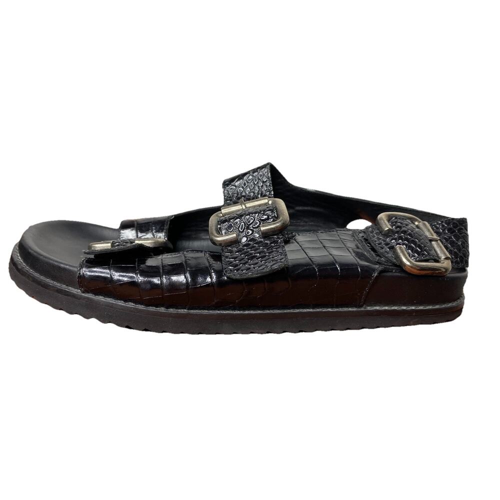 Freda Salvador Piper Leather Sandal Women's 7 Black Croc Pattern Slingback Flat - Picture 3 of 10